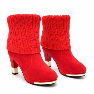 Red Knit Cuff Ankle Boots | Chunky Heel Fashion Booties | Size 8
